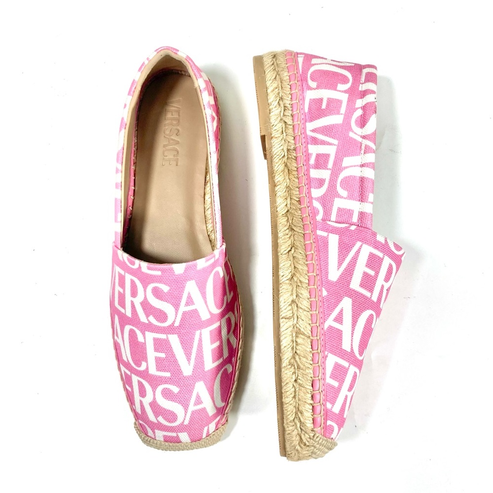 Versace Logo Print Espadrille Pink White Canvas Cotton Size 40 NEW